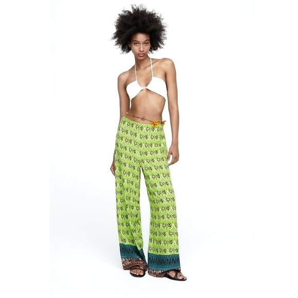 ZARA GREEN PRINT WIDE LEG AFRICAN MOTIF FLOWY BOHO PANT- M - Picture 3 of 6
